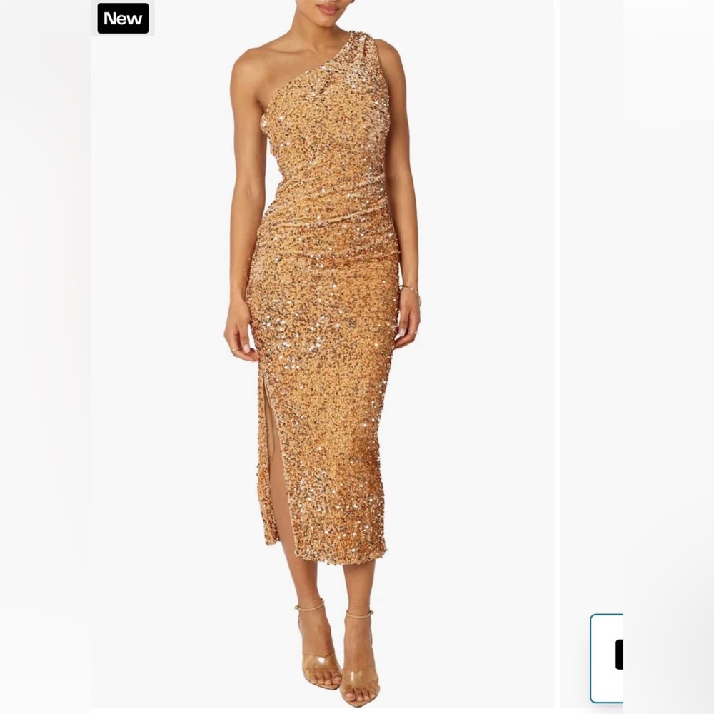 Petal & Pup Gold Sequin One-Shoulder Midi Dress